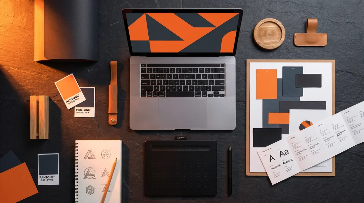 Workspace de diseño de branding con materiales de identidad visual en colores naranja y negro