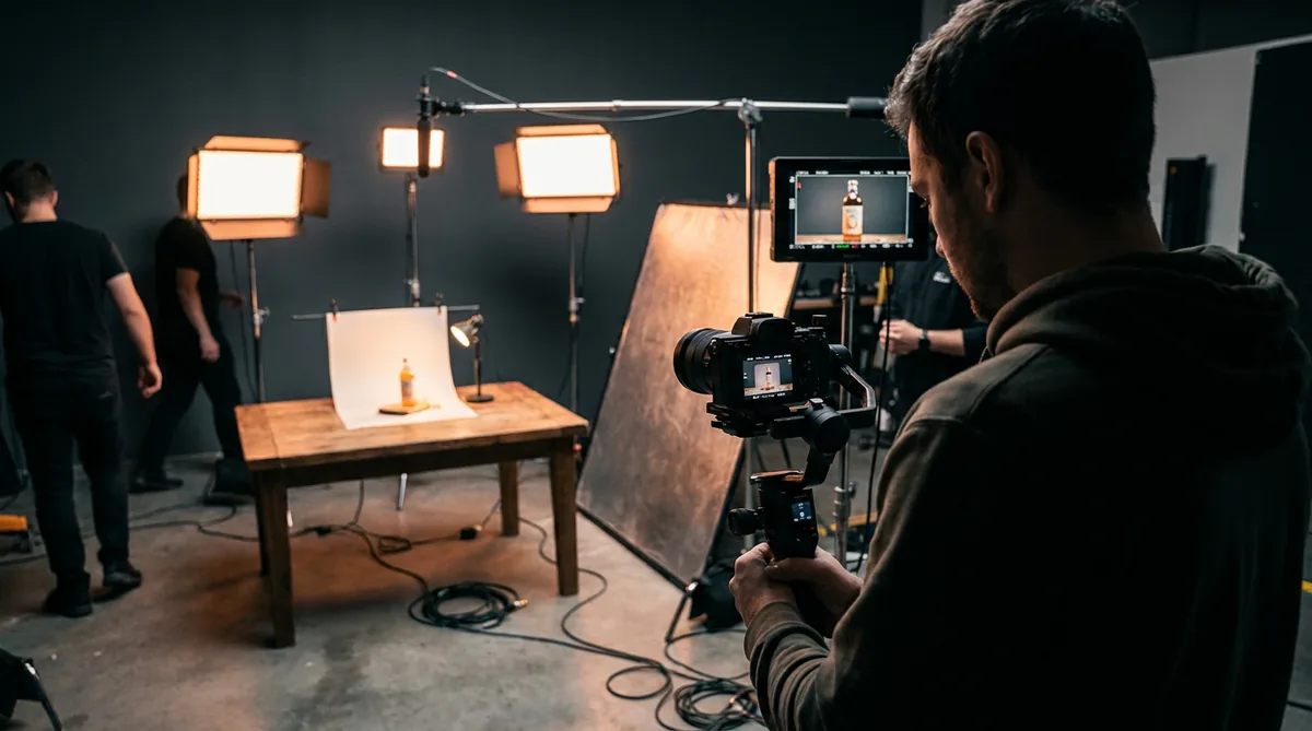 Set de filmación profesional con equipo de videografía real — producción audiovisual Flama Creators Lima